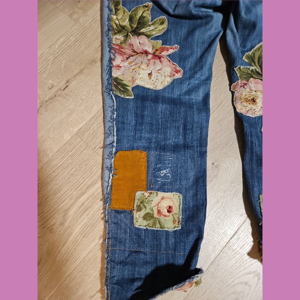 Floral Bird Upcycled art jeans 33 x 27 altered boyfriend distressed applique - Picture 9 of 13